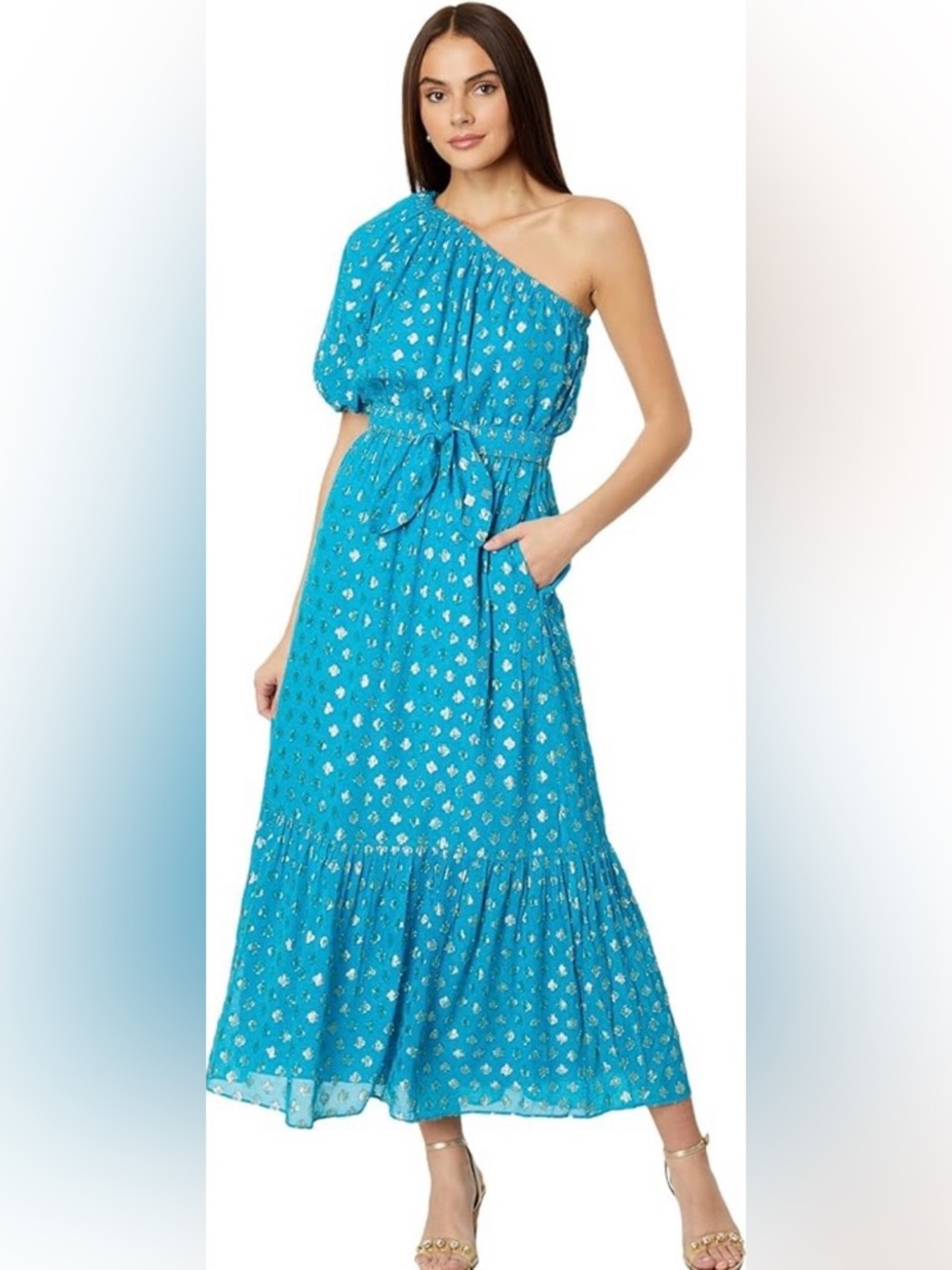 Lilly Pulitzer Teal One-Shoulder Maxi Dress with Metallic Accents